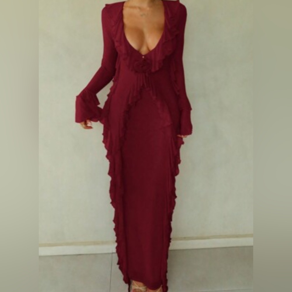 Large solid red v neck ruffle trim long sleeve dress